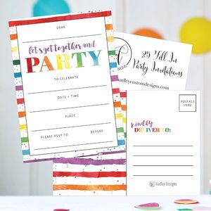 Hadley Designs 25 Art Stripe Rainbow Colorful Party Invitations Blank Fill In